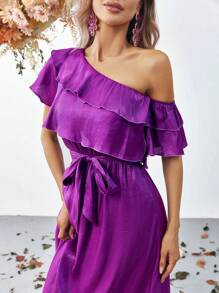 不對稱領荷葉邊腰帶雪紡連衣裙 - 紫羅蘭色 - 查看 5