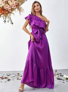 不對稱領荷葉邊腰帶雪紡連衣裙 - 紫羅蘭色 - 查看 6