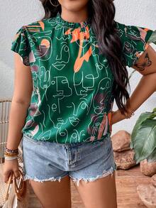 SHEIN LUNE Blusa con estampado de figura de manga mariposa - Verde - Ver 3