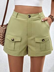 SHEIN Essnce Shorts con bolsillo con solapa cargo - Verde - Ver 6