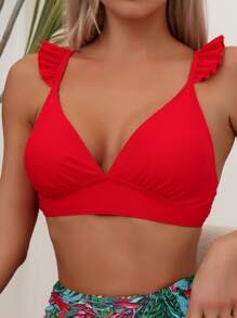 Summer Tropical Print Ruffle Trim Ruched Bikini Set - Multicolor - View 3