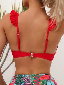 Summer Tropical Print Ruffle Trim Ruched Bikini Set - Multicolor - View 5