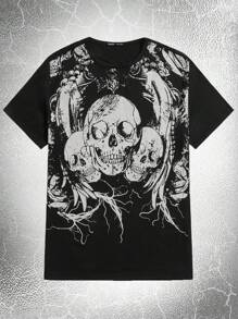 ROMWE MEN Goth Men Skull Print Tee - Black - View 1