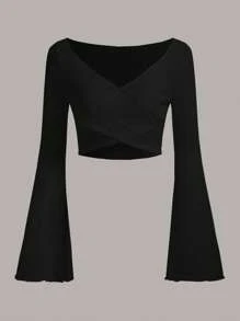 SHEIN EZwear 素色交叉圍裹短款上衣 - 黑色 - 查看 1