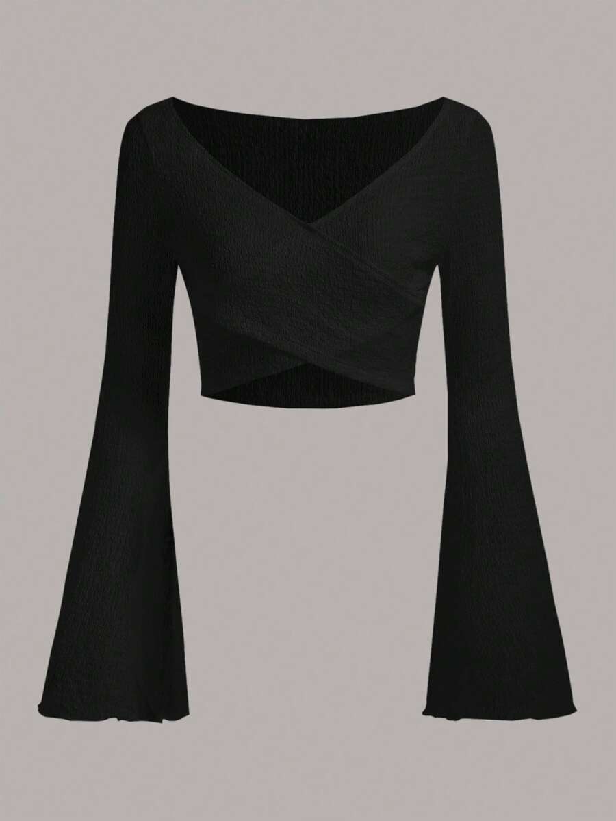 SHEIN EZwear 素色交叉圍裹短款上衣 - 黑色 - 查看 1