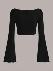 SHEIN EZwear 素色交叉圍裹短款上衣 - 黑色 - 查看 2