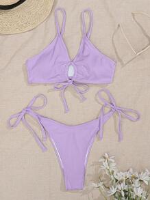 SHEIN Swim Summer Beach Plain Rib Drawstring Bikini - Lilac Purple - View 5