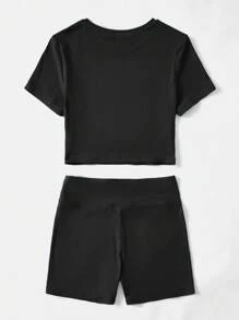 SHEIN EZwear Solid Ribbed Knit Tee & Letter Patched Biker Shorts - Black - View 2