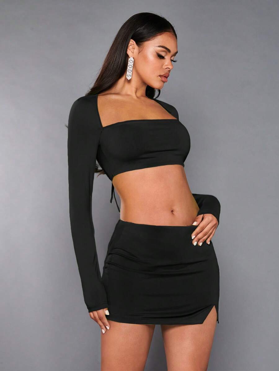 SHEIN X Jessie SHEIN BAE Bộ đồ hai mảnh nữ Lộ Lưng Chia Buộc lại màu trơn Gợi cảm - màu đen - Xem 1