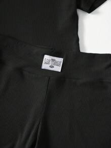 SHEIN EZwear Solid Ribbed Knit Tee & Letter Patched Biker Shorts - Black - View 4
