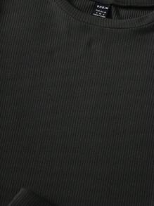 SHEIN EZwear Solid Ribbed Knit Tee & Letter Patched Biker Shorts - Black - View 5