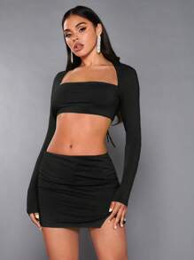 SHEIN X Jessie SHEIN BAE Bộ đồ hai mảnh nữ Lộ Lưng Chia Buộc lại màu trơn Gợi cảm - màu đen - Xem 3