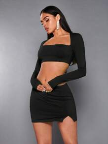 SHEIN X Jessie SHEIN BAE Bộ đồ hai mảnh nữ Lộ Lưng Chia Buộc lại màu trơn Gợi cảm - màu đen - Xem 4