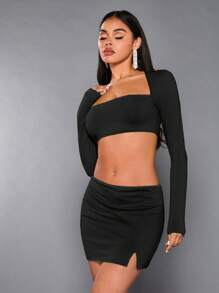 SHEIN X Jessie SHEIN BAE Bộ đồ hai mảnh nữ Lộ Lưng Chia Buộc lại màu trơn Gợi cảm - màu đen - Xem 5
