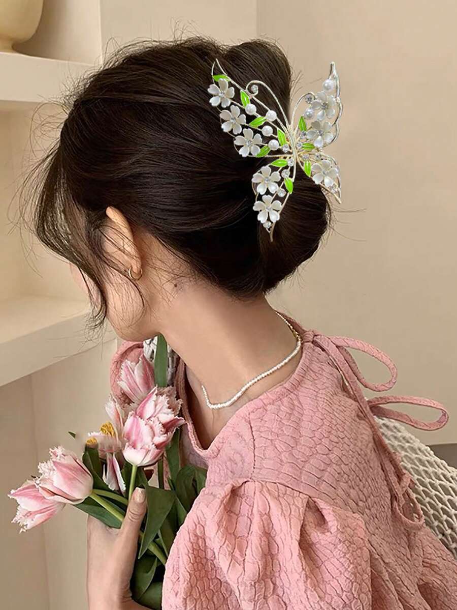 Garra de pelo con flor y mariposa - Dorado - Ver 1