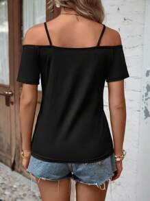 SHEIN LUNE Áo thun nữ Cắt ra màu trơn Giải trí - màu đen - Xem 3