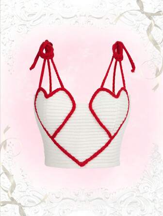 Heart Pattern Contrast Binding Tie Shoulder Cami Knit Top