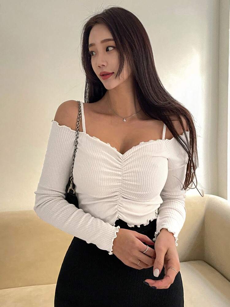 Cold Shoulder Lettuce Trim Ruched Tee,Off Shoulder Top Long Sleeve Women Tops