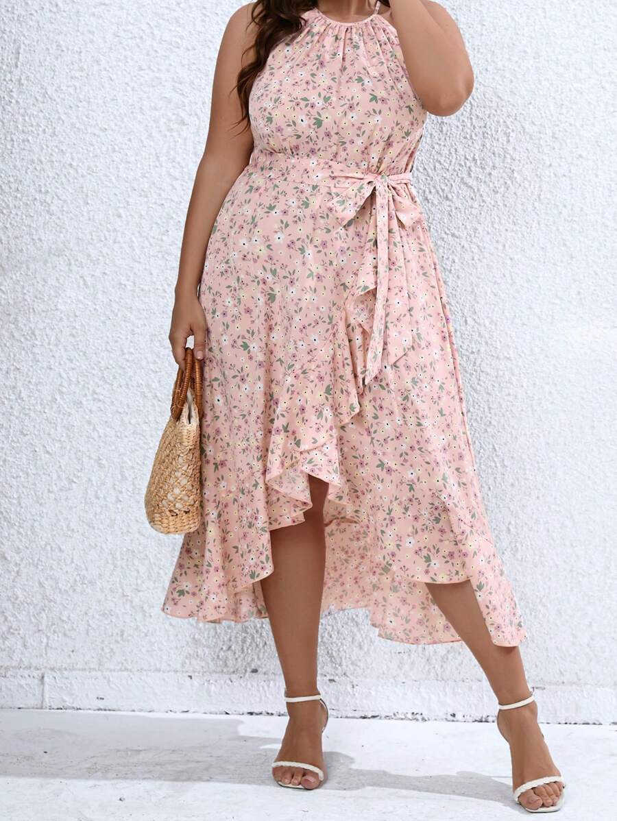 Calvaya Plus Ditsy Floral Print Ruffle Trim Wrap Hem Belted Halter Dress - Pink - View 1