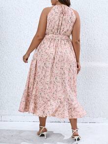 Calvaya Vestido halter con estampado floral ribete con fruncido bajo cruzado con cinturón - Rosa - Ver 2
