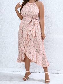 Calvaya Vestido halter con estampado floral ribete con fruncido bajo cruzado con cinturón - Rosa - Ver 3