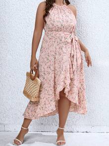 Calvaya Vestido halter con estampado floral ribete con fruncido bajo cruzado con cinturón - Rosa - Ver 5