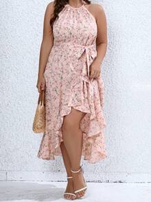 Calvaya Vestido halter con estampado floral ribete con fruncido bajo cruzado con cinturón - Rosa - Ver 7