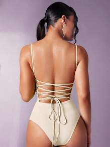 SHEIN BAE Solid Lace Up Backless Cami Bodysuit - Beige - View 2