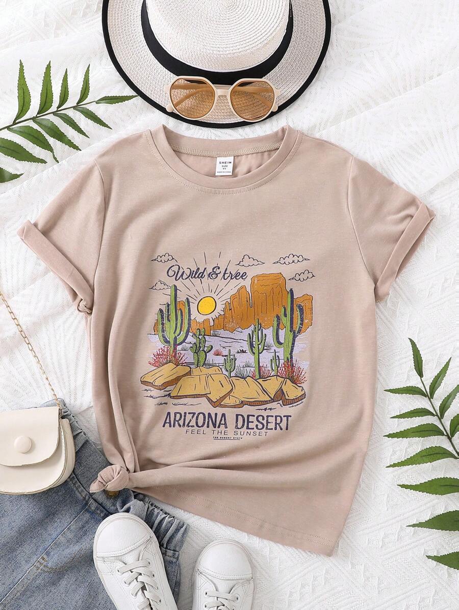 Girls Cactus & Slogan Graphic Tee - Apricot - View 1