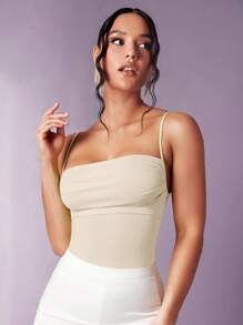 SHEIN BAE Solid Lace Up Backless Cami Bodysuit - Beige - View 5