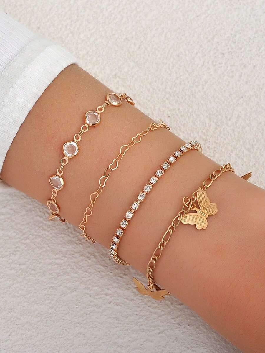 4入組時尚蝴蝶和心形設計手鍊套裝適合女士和女孩作為禮物 - 金黃色 - 查看 1