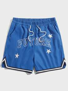 ROMWE MEN Prep 男士字母圖案條紋飾邊腰部抽繩短褲 - 藍色 - 查看 1