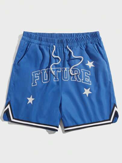 Prep Guys Letter Graphic Striped Trim Drawstring Waist Shorts