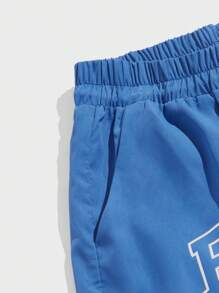 ROMWE MEN Prep 男士字母圖案條紋飾邊腰部抽繩短褲 - 藍色 - 查看 3