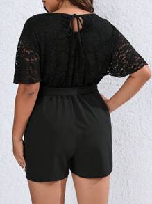 Flirla 大碼蕾絲拼接腰帶連身短褲 - 黑色 - 查看 2