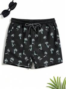 Manfinity Hombres Shorts de natación con estampado de árbol de coco de cintura con cordón - Negro - Ver 1