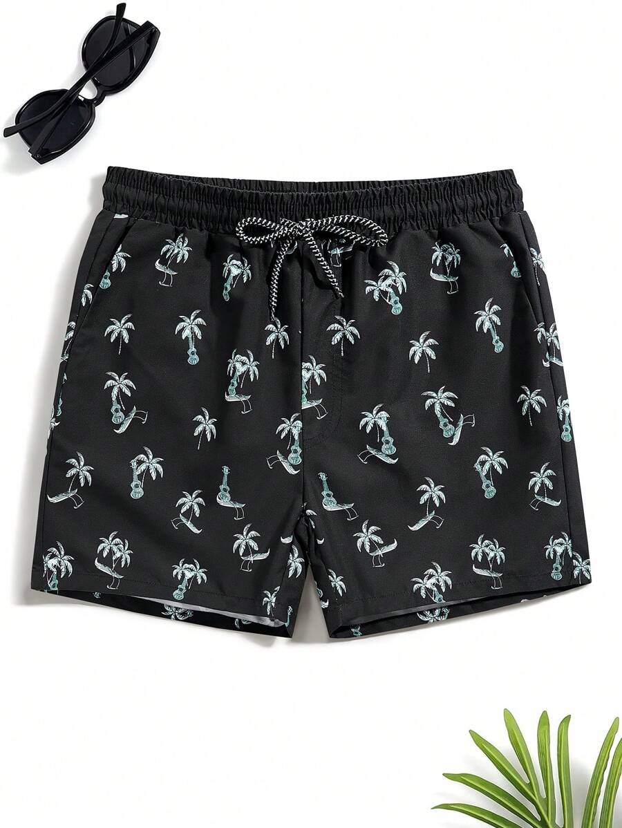 Manfinity Hombres Shorts de natación con estampado de árbol de coco de cintura con cordón - Negro - Ver 1