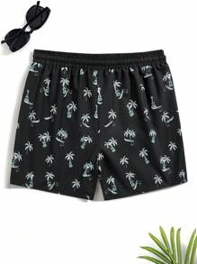 Manfinity Hombres Shorts de natación con estampado de árbol de coco de cintura con cordón - Negro - Ver 2