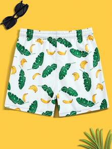 Manfinity Hombres Shorts de natación plátano & con estampado tropical de cintura con cordón - Blanco - Ver 2