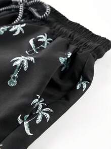 Manfinity Hombres Shorts de natación con estampado de árbol de coco de cintura con cordón - Negro - Ver 3