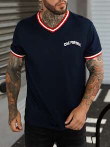 Manfinity Hombres Camiseta con estampado de letra ribete en contraste - Azul Marino - Ver 1