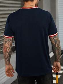 Manfinity Hombres Camiseta con estampado de letra ribete en contraste - Azul Marino - Ver 2