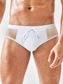 Manfinity Swimmode Men Vacation Beach Plain Drawstring Waist Swim Briefs - White - View 1