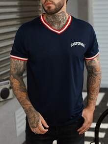 Manfinity Hombres Camiseta con estampado de letra ribete en contraste - Azul Marino - Ver 4