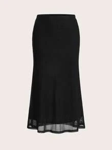 SHEIN EZwear 女士情人节爱心印花鱼尾黑色网纱裙 - 黑色 - 查看 1