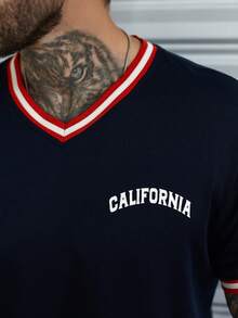 Manfinity Hombres Camiseta con estampado de letra ribete en contraste - Azul Marino - Ver 6