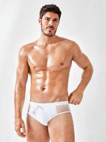 Manfinity Swimmode Men Vacation Beach Plain Drawstring Waist Swim Briefs - White - View 4