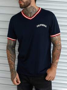 Manfinity Hombres Camiseta con estampado de letra ribete en contraste - Azul Marino - Ver 8