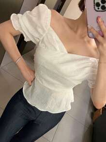 DAZY Áo sơ mi nữ Xù màu trơn Giải trí - trắng - Xem 8