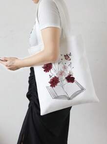 Colourblock Floral & Book Graphic Shopper Bag Casual - Multicolor - View 3
